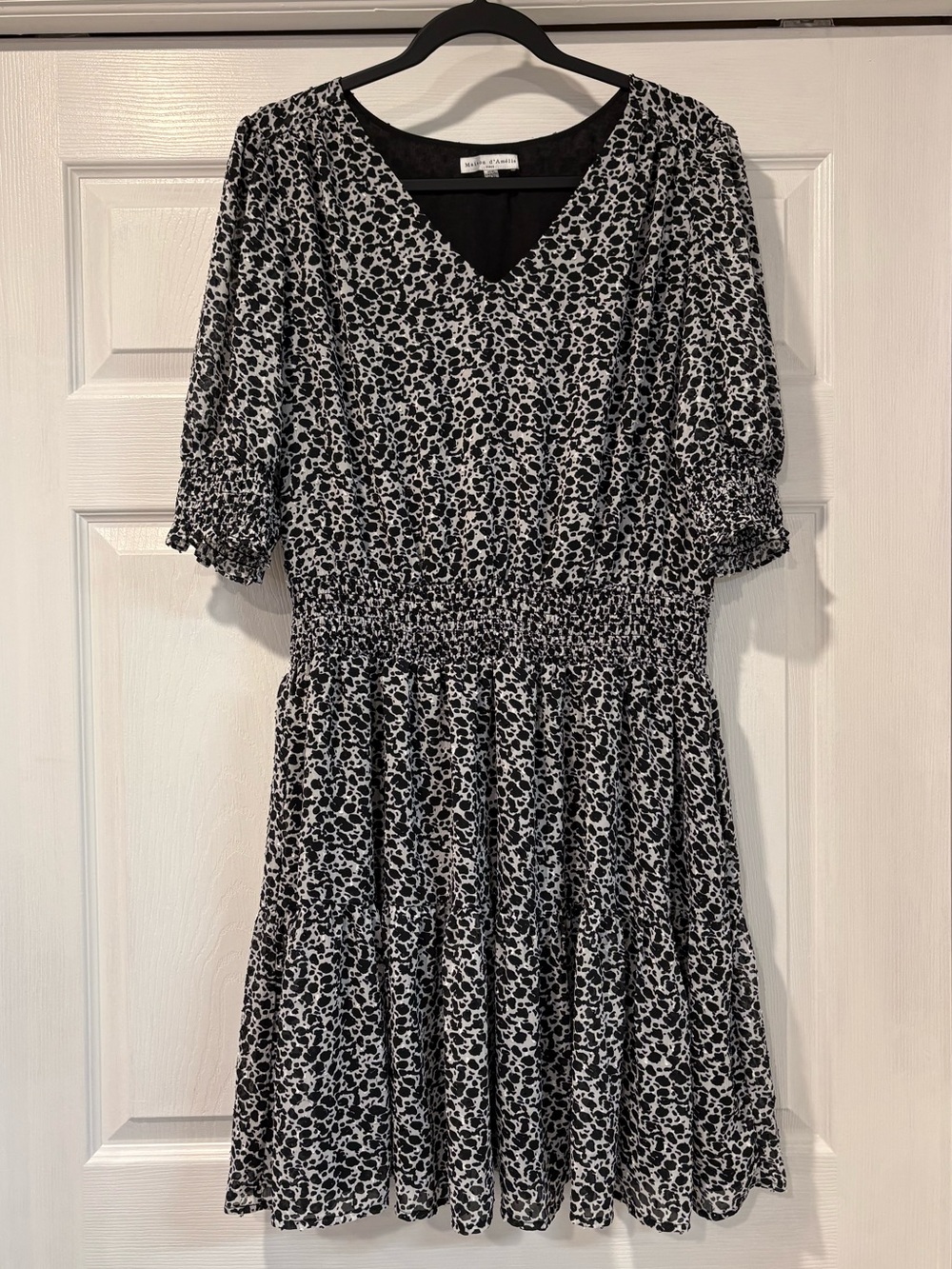 Black & White Floral Midi Dress with Smocked Waist